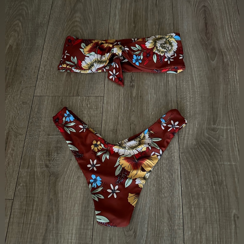 ZAFUL Women's Floral Print Bandeau Bikini Set HighCut Swimsuit Sexy Bathing Suit